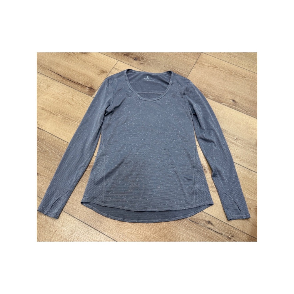 Athleta‎ Gray Metallic Shimmer Long Sleeve Thumbhole Activewear Top Small